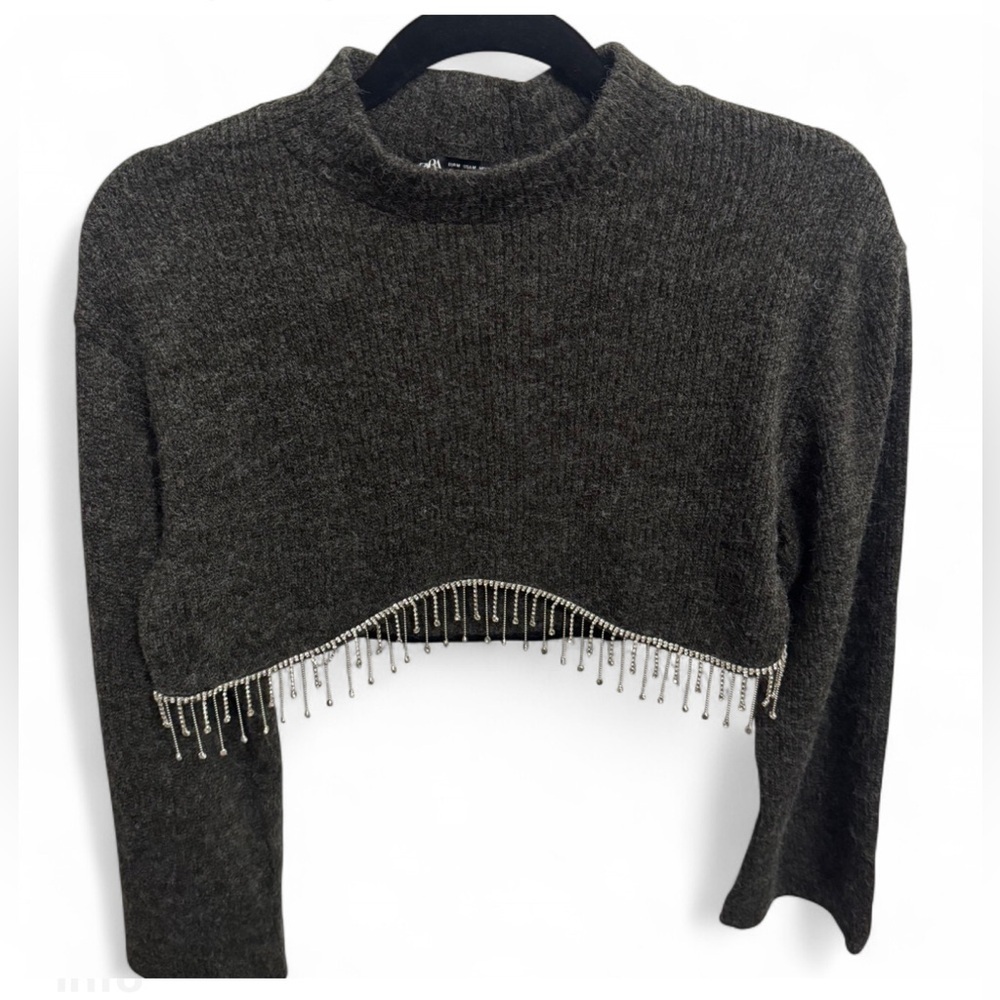 Zara Gray Cowl Neck Sweater with Fringe Detail - Picture 1 of 7